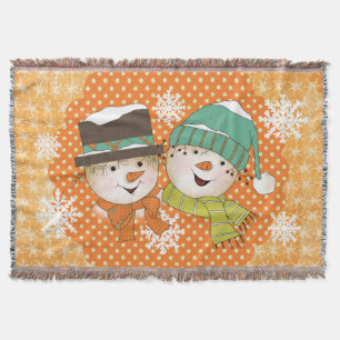 Snowmen Orange Dots and Snowflakes Holiday Throw Blanket