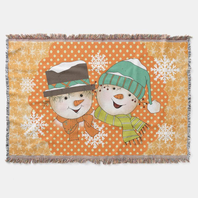 Snowmen Orange Dots and Snowflakes Holiday Throw Blanket (Front)