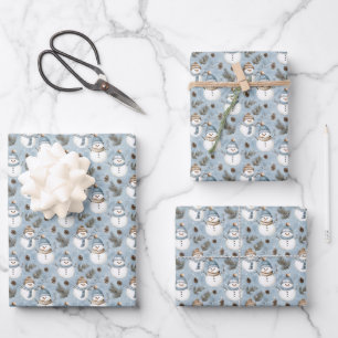 Snowmen & Pinecones on Snowy Blue Wrapping Paper Sheet