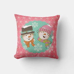 Snowmen Pink and Blue Holiday Pillow