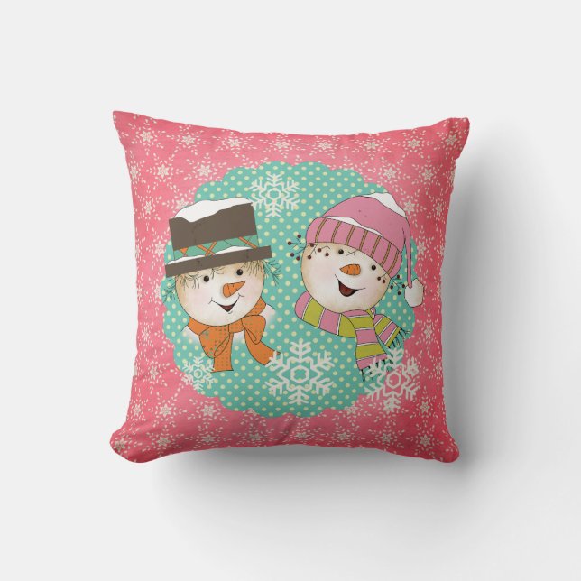 Snowmen Pink and Blue Holiday Pillow (Front)