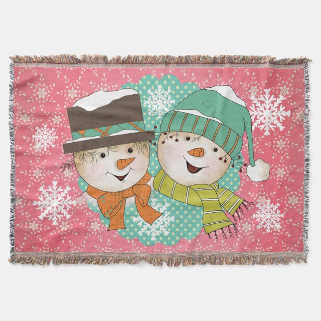 Snowmen Pink and Blue Holiday Throw (Front)