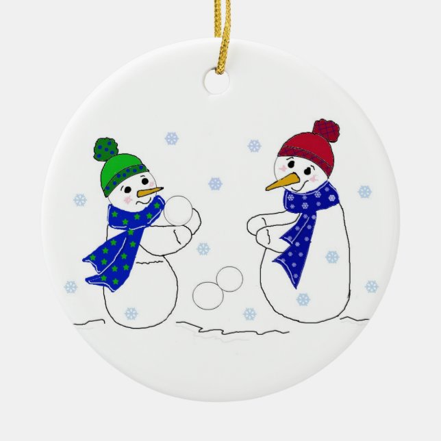 Snowmen Playing in the Snow Ceramic Tree Decoration (Front)