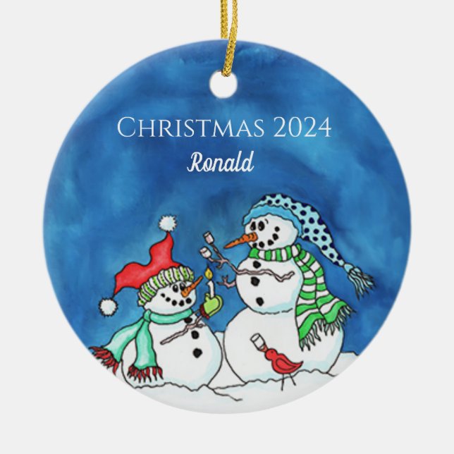 Snowmen Roasting Marshmellows Personalised Ornamen Ceramic Tree Decoration (Front)
