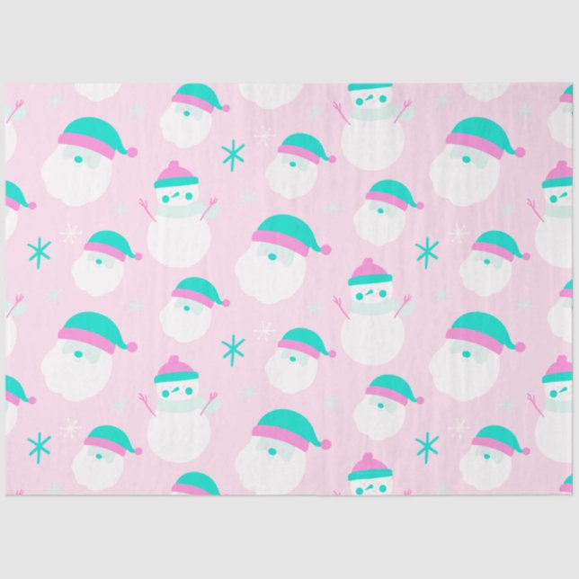 Snowmen Santa Snowflakes Pink Green Christmas Tissue Paper (Front)