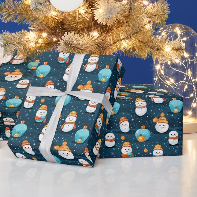 Snowmen Snow Christmas Ornaments Blue Christmas Wrapping Paper (Holidays)