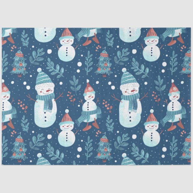 Snowmen Snow Trees Greenery Christmas Tissue Paper (Front)
