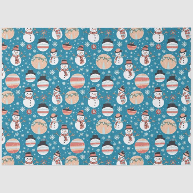 Snowmen, Snowflakes and Ornaments Blue Christmas Tissue Paper (Front)