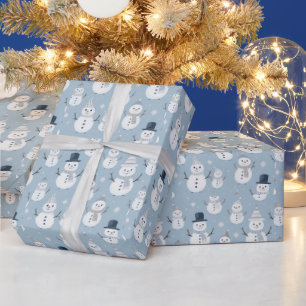 Snowmen Snowflakes Blue Modern Christmas Wrapping Paper