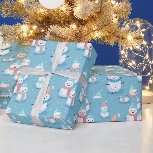 Snowmen Snowflakes Blue Modern Christmas Wrapping Paper (Holidays)