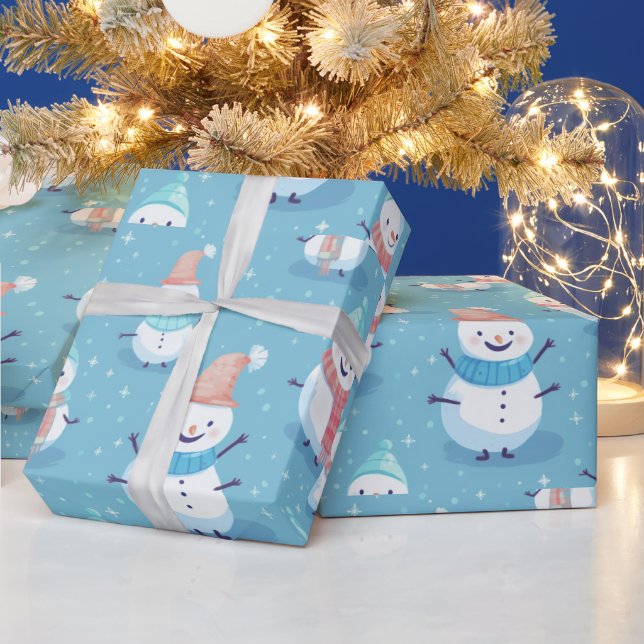Snowmen Snowflakes Blue Modern Christmas Wrapping Paper (Holidays)
