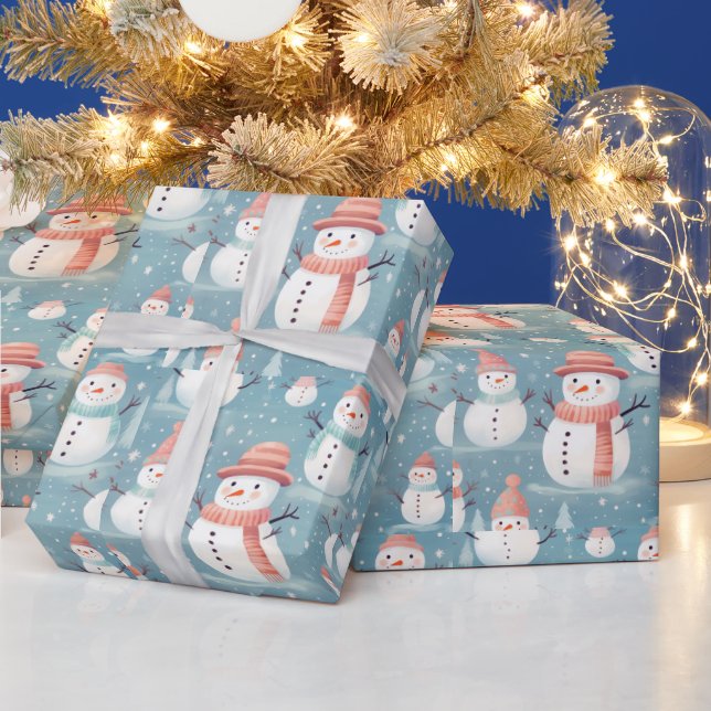 Snowmen Snowflakes Blue Modern Christmas Wrapping Paper (Holidays)