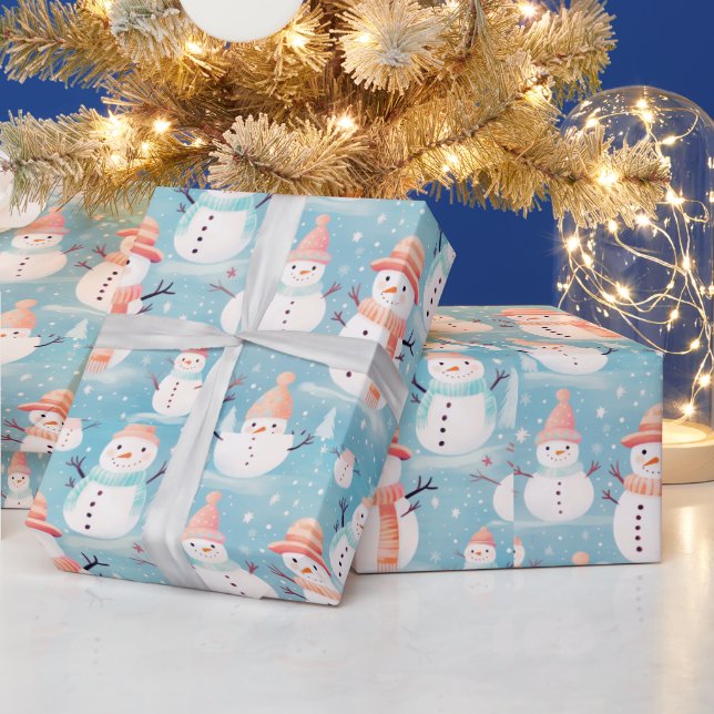 Snowmen Snowflakes Blue Modern Christmas Wrapping Paper (Holidays)