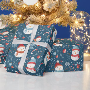 Snowmen Snowflakes Candy Canes Green Christmas Wrapping Paper