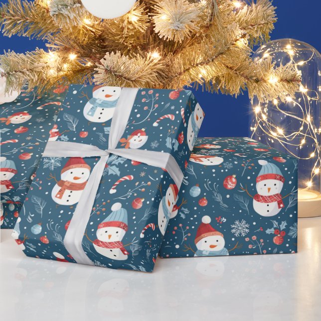 Snowmen Snowflakes Candy Canes Green Christmas Wrapping Paper (Holidays)