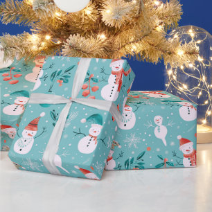 Snowmen Snowflakes Holly Leaves Green Christmas Wrapping Paper