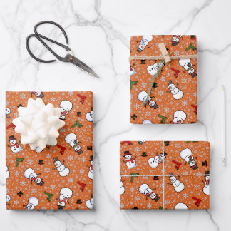 Snowmen & Snowflakes on Dark Orange Wrapping Paper Sheet