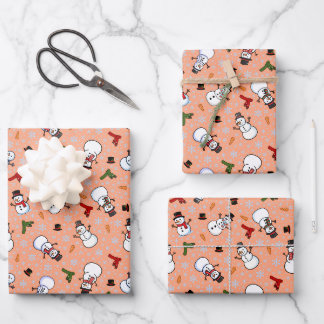 Snowmen & Snowflakes on Peach Wrapping Paper Sheet
