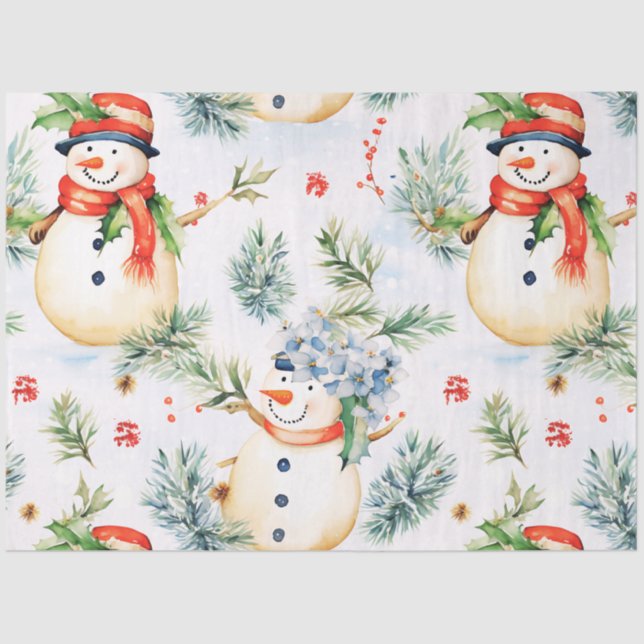 Snowmen Snowflakes Snow Holly Berries Christmas Tissue Paper (Front)