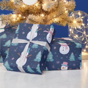 Snowmen Snowflakes Trees Modern Christmas Wrapping Paper