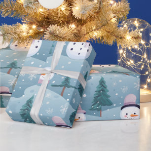 Snowmen trees Snowflakes Modern Christmas Wrapping Paper