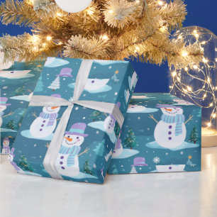 Snowmen trees Snowflakes Modern Christmas Wrapping Paper