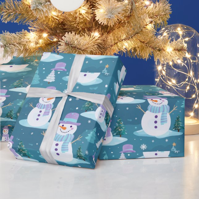 Snowmen trees Snowflakes Modern Christmas Wrapping Paper (Holidays)