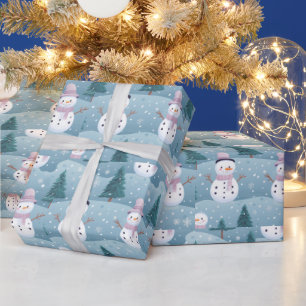 Snowmen trees Snowflakes Modern Christmas Wrapping Paper