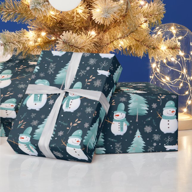 Snowmen trees Snowflakes Modern Christmas Wrapping Paper (Holidays)