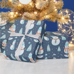 Snowmen Trees Snowflakes Modern Christmas Wrapping Paper