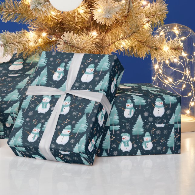Snowmen trees Snowflakes Modern Christmas Wrapping Paper (Holidays)