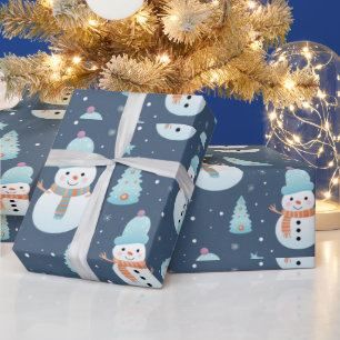 Snowmen Trees Snowflakes Modern Christmas Wrapping Paper