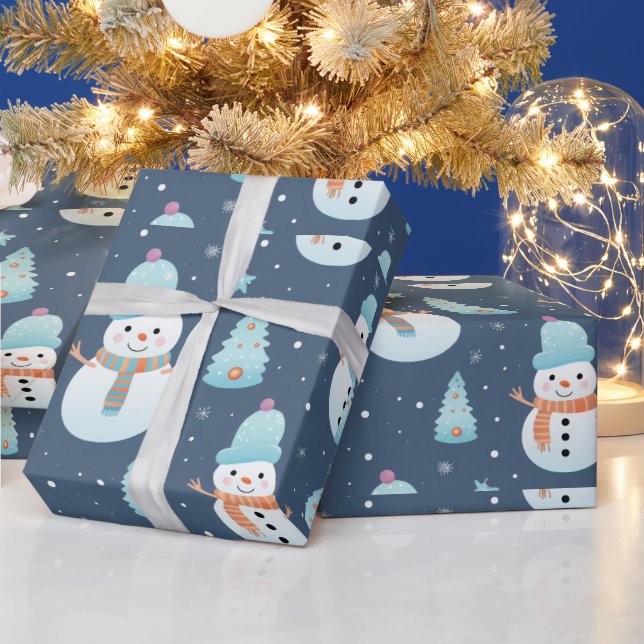 Snowmen Trees Snowflakes Modern Christmas Wrapping Paper (Holidays)