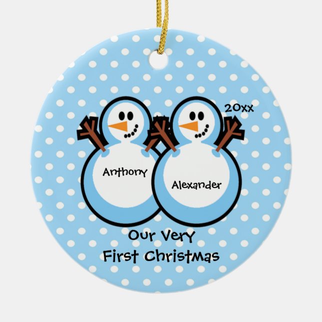 Snowmen Twin Boys Baby's First Christmas Ornament (Front)