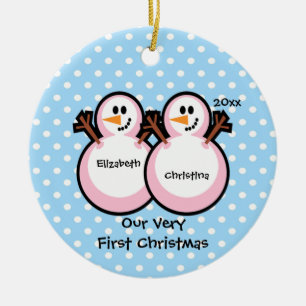 Snowmen Twin Girls Baby's First Christmas Ornament
