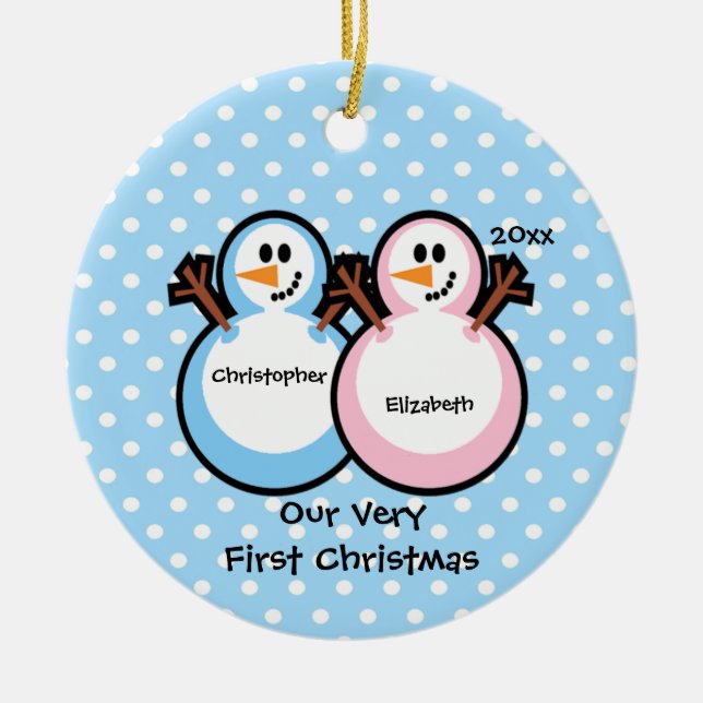Snowmen Twins Baby's First Christmas Ornament (Front)