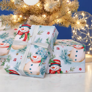 Snowmen Winter Berries Greenery Modern Christmas Wrapping Paper