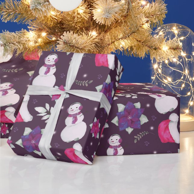 Snowmen Winter Greenery Purple Modern Christmas Wrapping Paper (Holidays)
