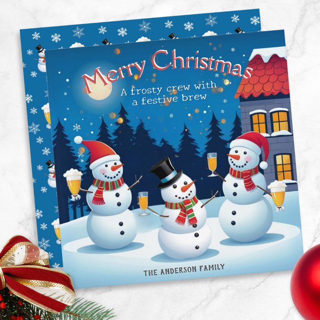 Snowmen With Drinks Frosty Cheer Merry Christmas Holiday Card (A colorful personalized Christmas card, with a picture of three snowmen enjoying Christmas drinks)