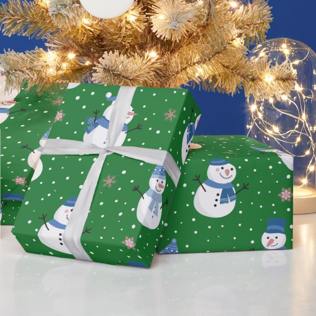 Snowmen with Emerald Green Background  Wrapping Paper (Holidays)