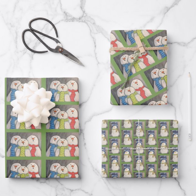 Snowmen Wrapping Paper Flat Sheet Set of 3 (Front)
