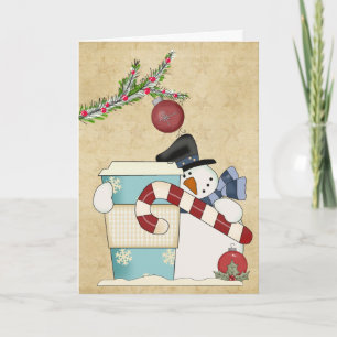 Snowmenj with coffee holiday card