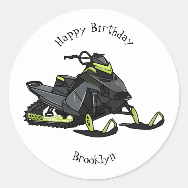 Snowmobile cartoon illustration classic round sticker (Front)