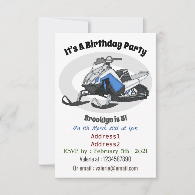 Snowmobile cartoon illustration invitation (Front)
