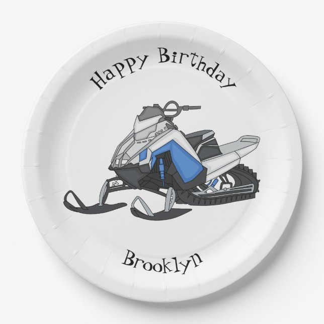 Snowmobile cartoon illustration paper plate (Front)