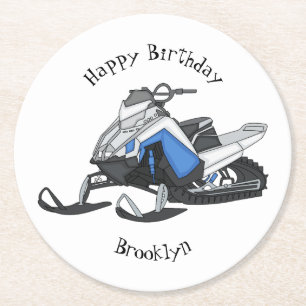 Snowmobile cartoon illustration round paper coaster