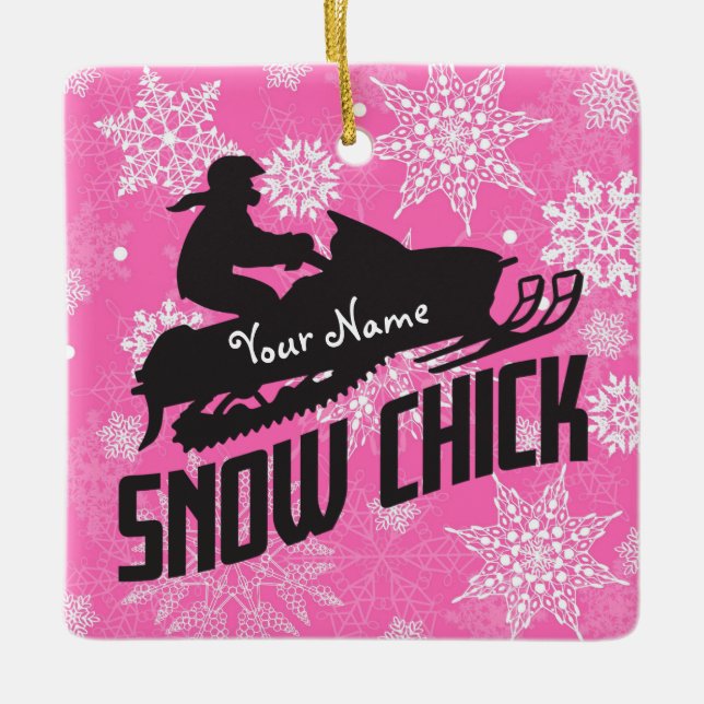 Snowmobile Snow Chick Pink Snowflake Ceramic Ornament (Front)