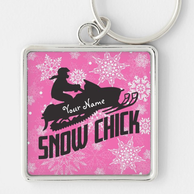Snowmobile Snow Chick Pink Snowflake Key Ring (Front)