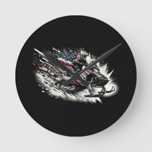 Snowmobile Snowmobiling Freedom Flag Long Sleeve Round Clock
