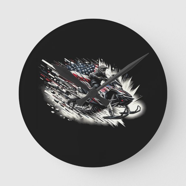 Snowmobile Snowmobiling Freedom Flag Long Sleeve Round Clock (Front)